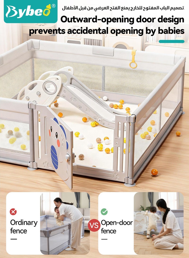 Bybeo Baby Playpen Fence with Door, Portable Baby Playards for Toddlers, Safety Infant Activity Center, Sturdy Play Area with Drawing Board, Basketball Ball and Hoop, 60 Ocean Balls, 2 Pull Rings, 180x200cm - Image 3